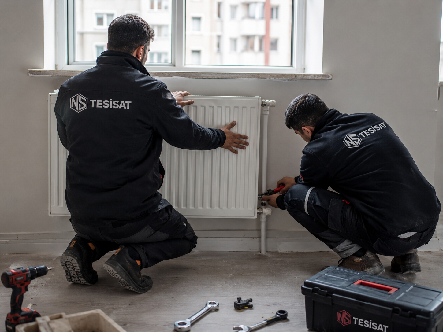 NS Tesisat ekibi radyatör montajı çalışması